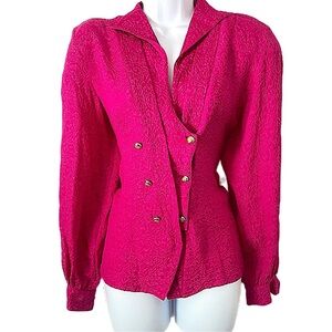 Vintage Silk Pink Button-Up Statement Shoulder Barbiecore Long Sleeve Blouse 10